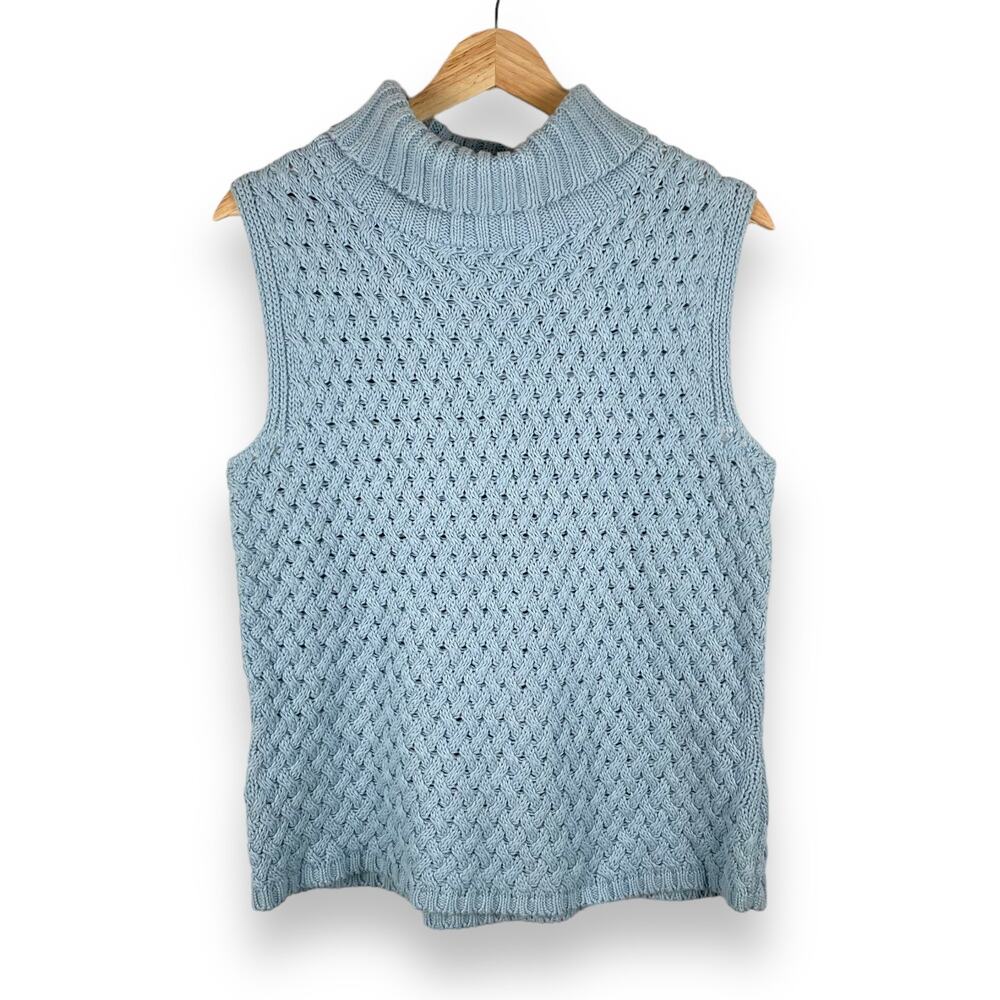 y2k Sonoma Linen Cotton Knit Turtleneck Sweater Womens L Pastel Blue Sleeveless